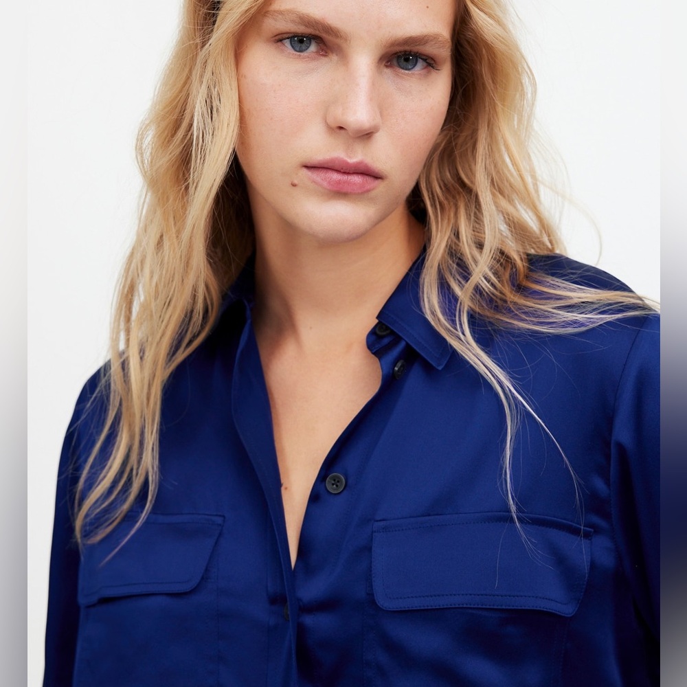 Madewell Silk Flap-Pocket Button-Up Shirt in Deep Cobalt - Picture 2 of 12